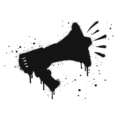 Spray painted graffiti megaphone on black over white. loudspeaker doodle illustration. isolated on white background