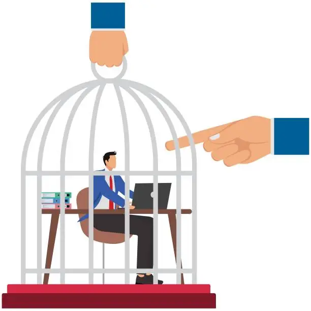 Vector illustration of Big index finger pointing at Businessman who working using computer in large birdcage, Work under pressure