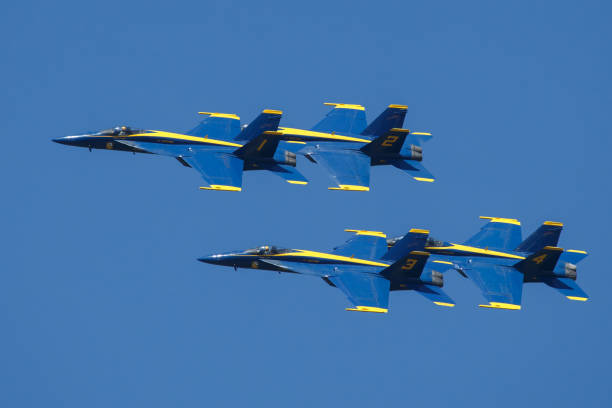 Suisun City, California / USA - March 16, 2024: An image of four Blue Angel Jets flying over Suisun City while performing at the \