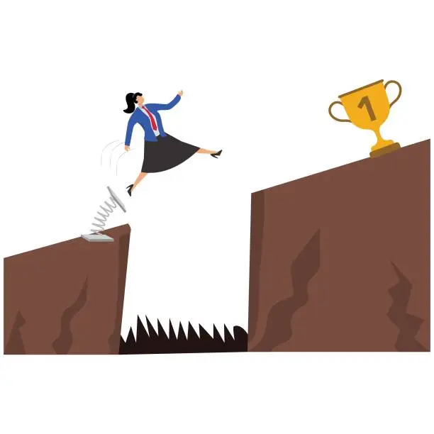 Vector illustration of A Businesswoman jumping through the gap and achieving her goals
