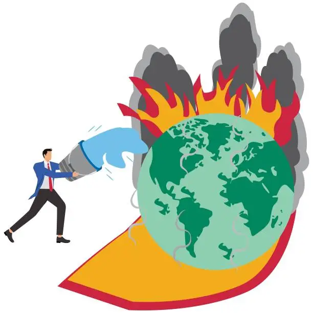 Vector illustration of Businessman pouring bucket of water to extinguish forest fire on Earth