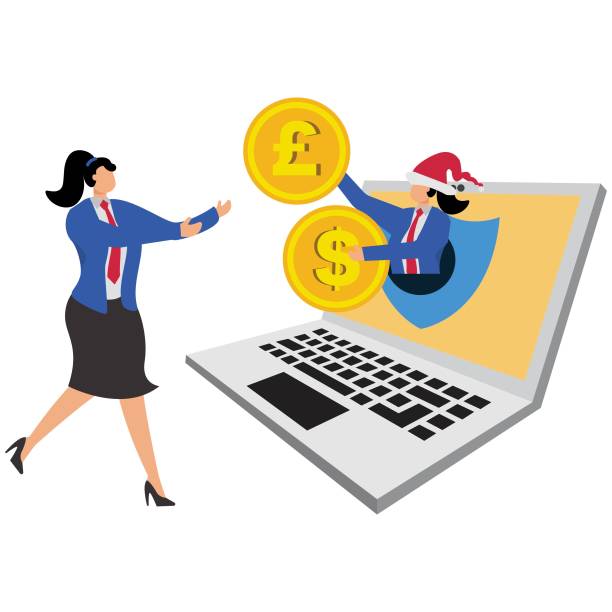 ilustrações de stock, clip art, desenhos animados e ícones de businesswoman dressed in a santa claus suit showing up on computer monitor and sending us dollar and european union currency to a man - currency exchange currency european union currency dollar