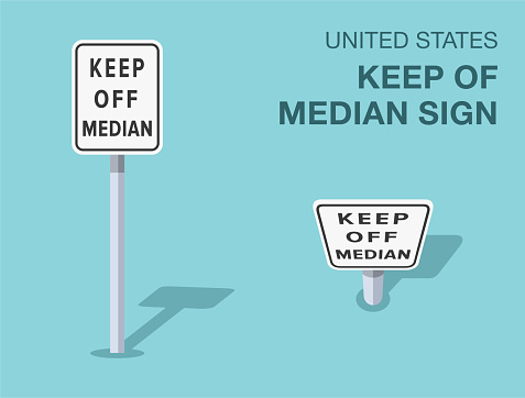 Traffic regulation rules. Isolated United States keep of median road sign. Front and top view. Flat vector illustration template.