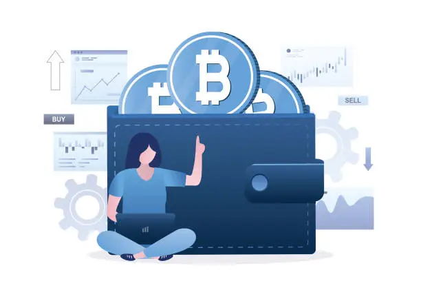 Vector illustration of Businesswoman sitting near wallet and working on laptop. Salary and payments in cryptocurrency. Female investor trades bitcoin. Blockchain technology. Invest in bitcoin,