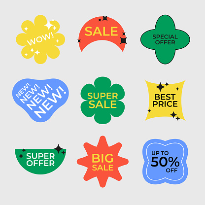 Retro funky style shopping stickers set. Sale tag colorful geometric shapes