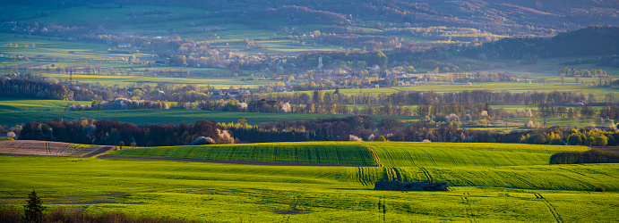 amazing landscape of rural Kaczawskie mountains during spring in Poland