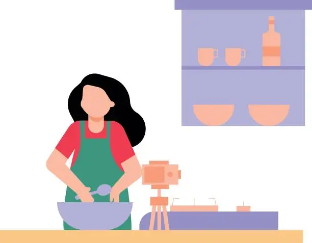 Vector illustration of Girl making cooking videos.