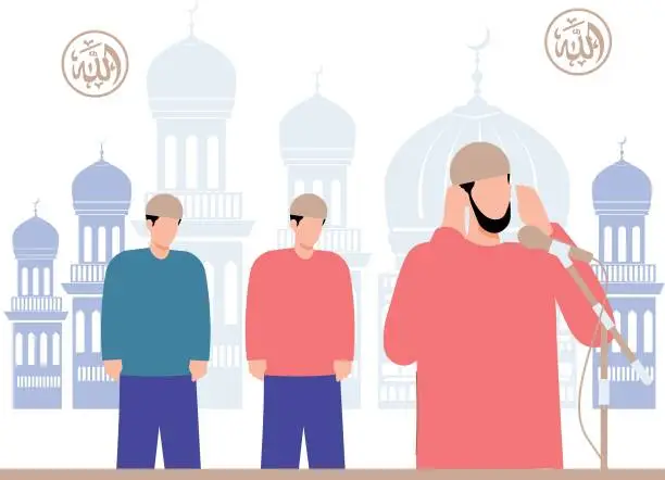 Vector illustration of People are praying with the muezzin.