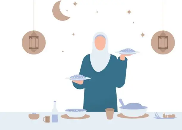 Vector illustration of The girl is putting food on the table.