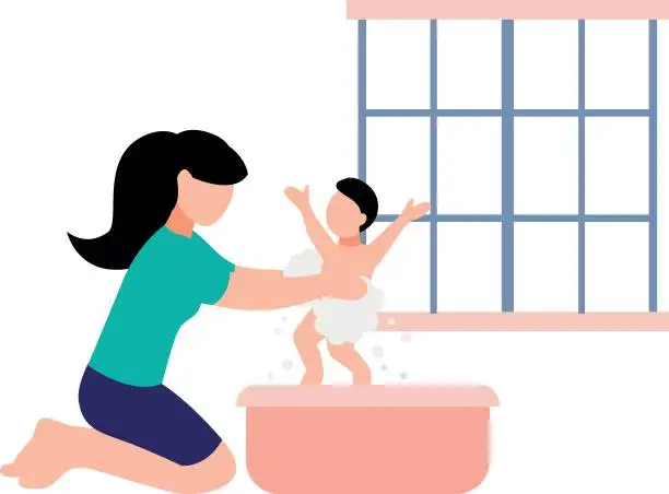 Vector illustration of Mother bathing her child.