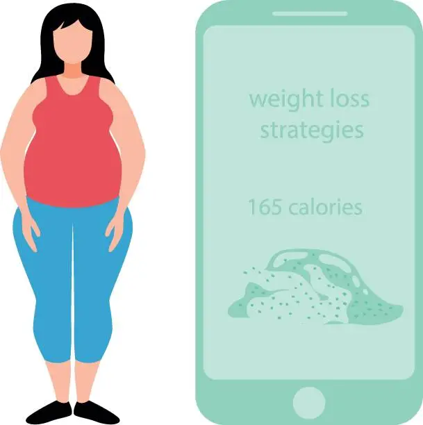 Vector illustration of Girl follows online weight loss strategy.