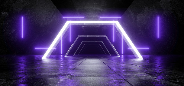 Neon Glowing Lasers Cyber Purple Concrete Tunnel Corridor Empty Product Showroom Underground Hangar Garage 3D Rendering Illustration