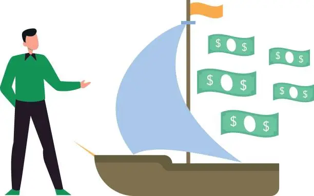 Vector illustration of The boy is showing the boat for crowd funding.