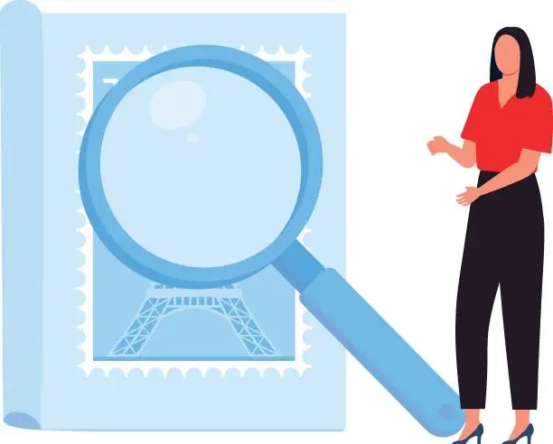Vector illustration of Girl showing exploration with magnifying glass.