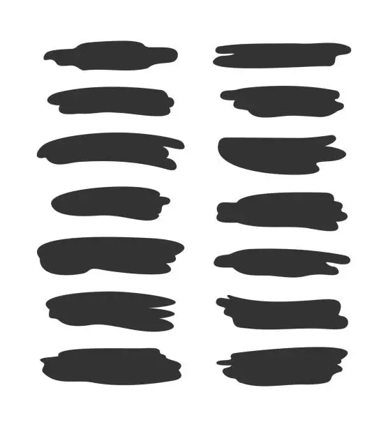 Vector illustration of Abstract Black Background Collection. Hand Drawn Isolated Felt Tip Pen and Marker Stroke Set. Artistic Brush Simple Horizontal Shape.