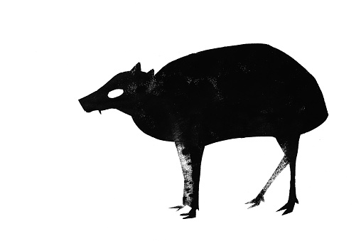 Silhouette of saber-toothed deer mouse drawn by hand with stamp with black tempera paint on white paper