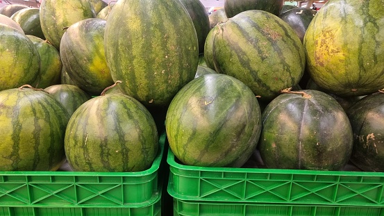 Pile of fresh watermelons (Citrullus lanatus) on the market. Watermelon is a sweet, commonly consumed fruit of summer. Watermelon juice can be blended with other fruit juices or made into wine.