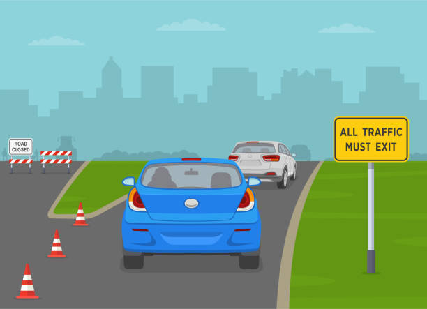 Safe driving tips and traffic regulation rules. Back view of a traffic flow exiting the expressway. "All traffic must exit" sign area. Vector illustration template. Safe driving tips and traffic regulation rules. Back view of a traffic flow exiting the expressway. "All traffic must exit" sign area. Flat vector illustration template. road chevron warning signs stock illustrations