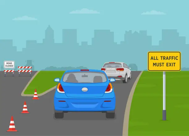 Vector illustration of Safe driving tips and traffic regulation rules. Back view of a traffic flow exiting the expressway. 