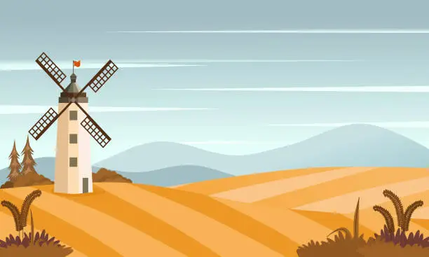 Vector illustration of Rural summer landscape with windmill and wheat field. Vector illustration.