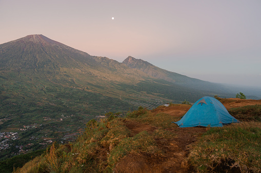 Tent on the background of mount Rinjani on Lombok island