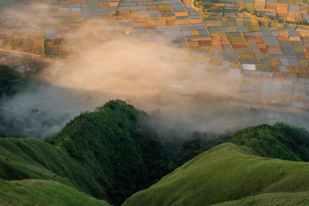 Agricultural fields and volcanic landscape on Lombok island at sunrise