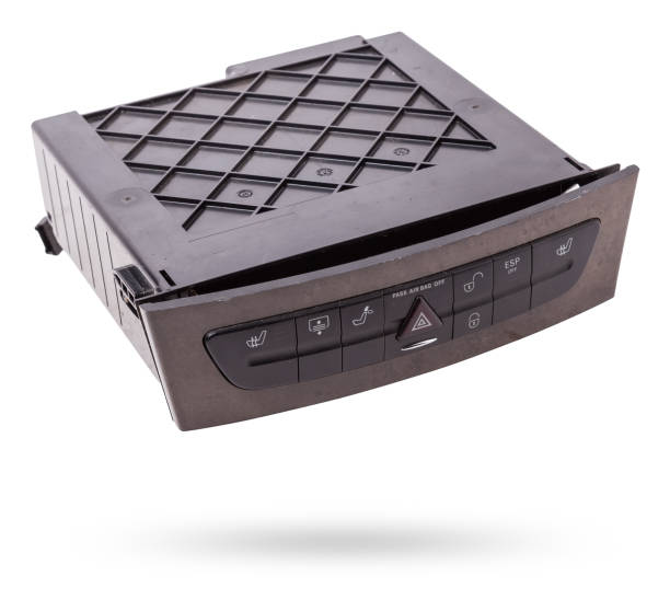 istock Black plastic block of car control panel with red emergency stop button for signal lights, spare part on a white isolated background in a photo studio for sale and installation in a auto service. 2098348780
