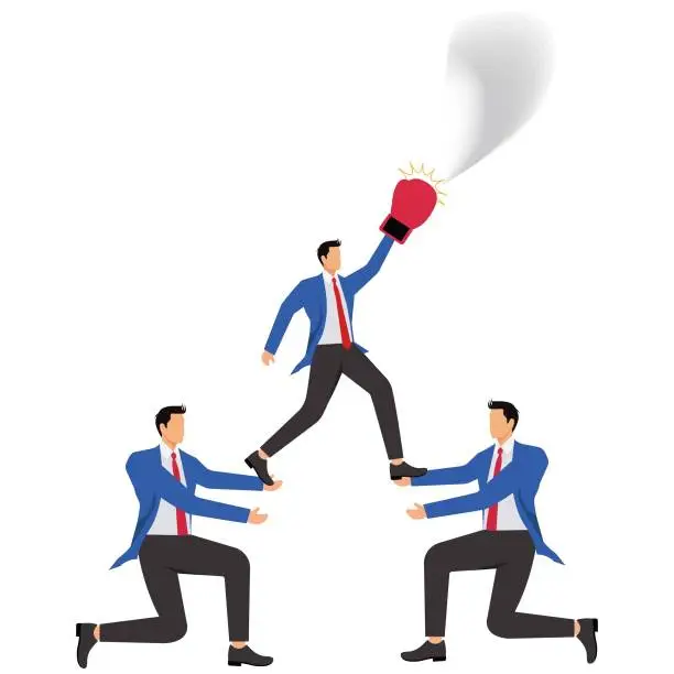 Vector illustration of Human pyramid, punching the air, businessman stands on coworker