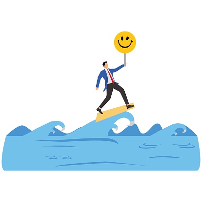 Businessman surfing on sea waves with joy and confidence