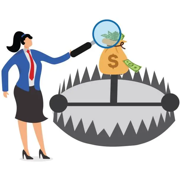 Vector illustration of A businesswoman uses a magnifying glass to check a bear trap that uses money as bait