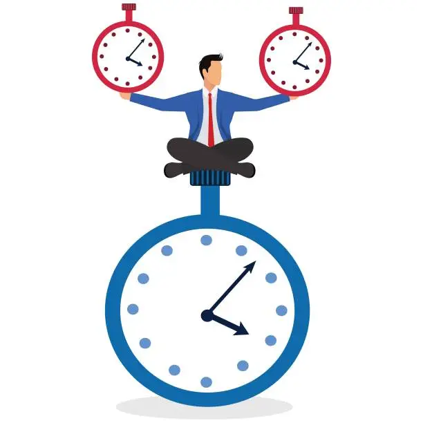 Vector illustration of Time Management, businessman juggling with big stopwatches