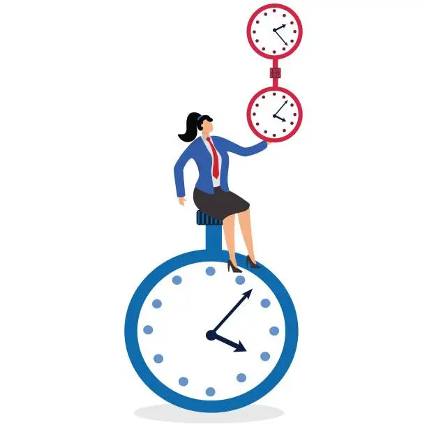 Vector illustration of Time Management, businesswoman juggling with big stopwatches