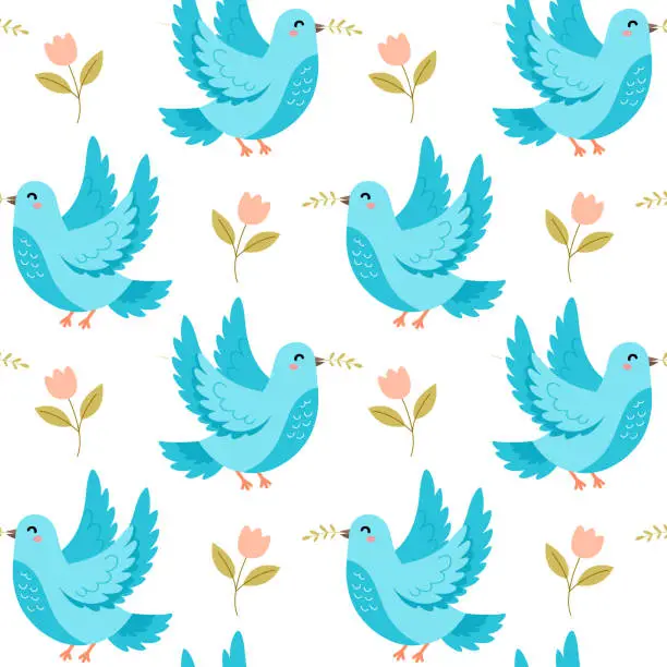 Vector illustration of seamless pattern featuring adorable doves holding a branch in their beaks, surrounded by cute flowers on a white background.