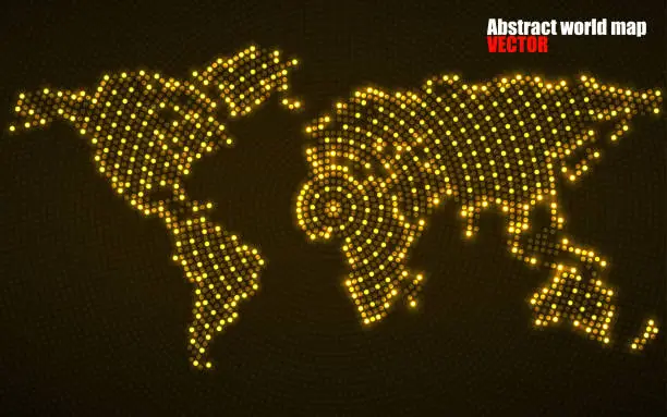 Vector illustration of Abstract world map with glowing radial dots