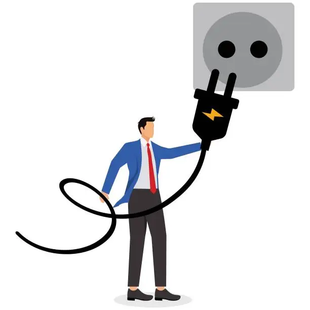 Vector illustration of One businessman holding huge wired electrical plug and socket ready to establish connection