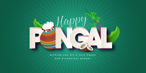 Happy Pongal vector illustration with festive elements,  Pongal, sugarcane, bana leaf and kolam stock illustration
