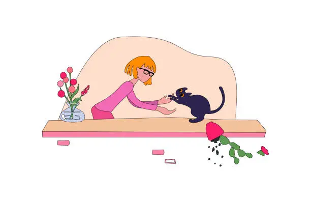 Vector illustration of A young woman picks up a cat from the windowsill. The kitten dropped a flower pot. Vector illustration