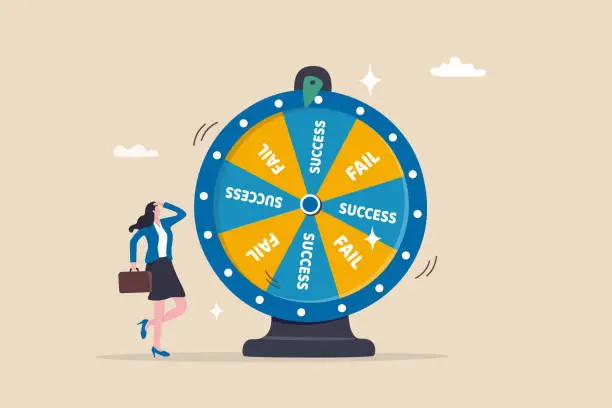 Vector illustration of Success or failure, challenge to win opportunity, career or job risk to fail or achieve success, luck or fortune, winner or loser concept, businesswoman looking fortune wheel of success and fail.