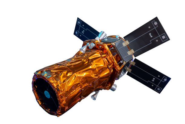 Satellite with solar panels, isolated on white background