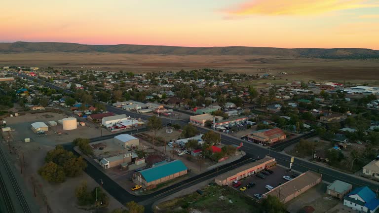 Remote Town Along The Old Highway Of Route 66 Near Seligman, Arizona USA. Aerial Wide Shot