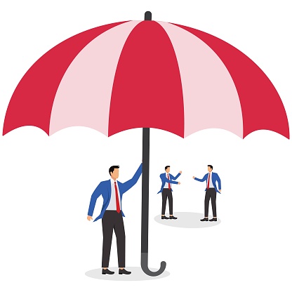 Big hand holding umbrella protecting group of businessmen
