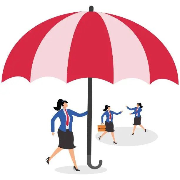 Vector illustration of Big hand holding umbrella protecting group of businesswomen