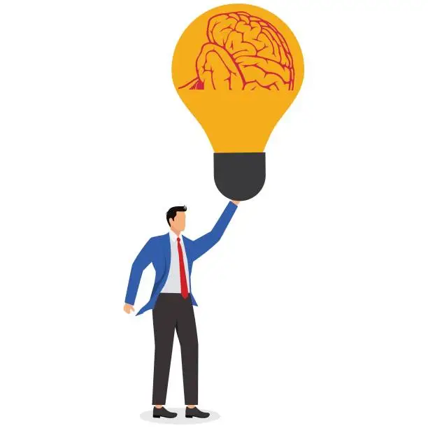Vector illustration of Creative brain shaped maze with lighting bulb, businessman at entrance