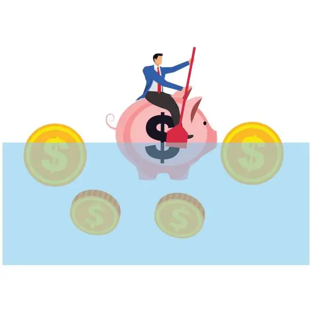 Vector illustration of One brave businessman rowing piggy bank sailing on the ocean in the bad economy