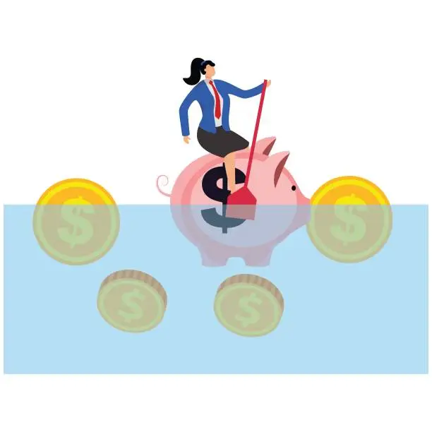 Vector illustration of One brave businesswoman rowing piggy bank sailing on the ocean in the bad economy