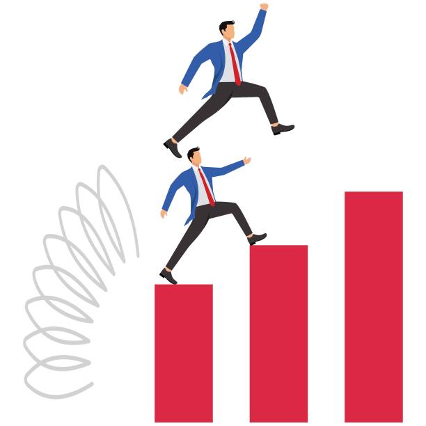 ilustrações de stock, clip art, desenhos animados e ícones de over obstacles, smiling businessman jumping higher with coiled spring, she has drawn ahead of her competitor - women jumping bouncing spring