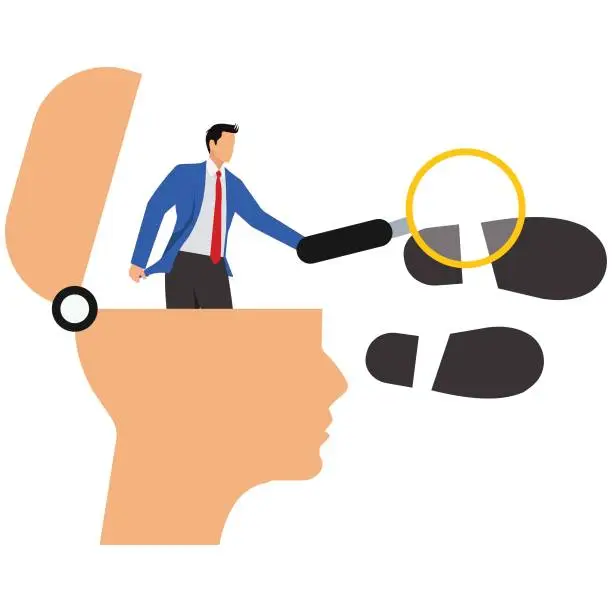 Vector illustration of Hand with magnifying glass coming out of a man's open mind head, looking at a giant footprint To follow the paths beaten by great men The Bigger Picture
