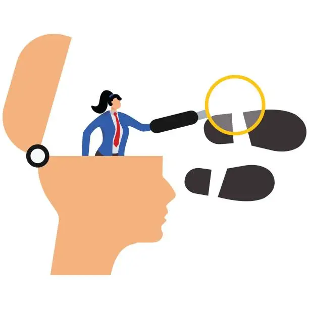 Vector illustration of Hand with magnifying glass coming out of a woman's open mind head, looking at a giant footprint To follow the paths beaten by great women The Bigger Picture