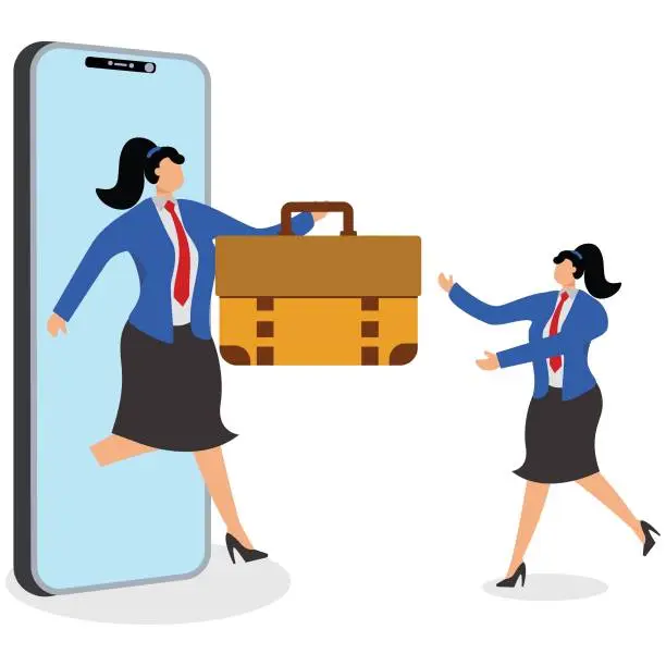 Vector illustration of Big hand from smart phone giving briefcase job, outsourcing to businesswoman