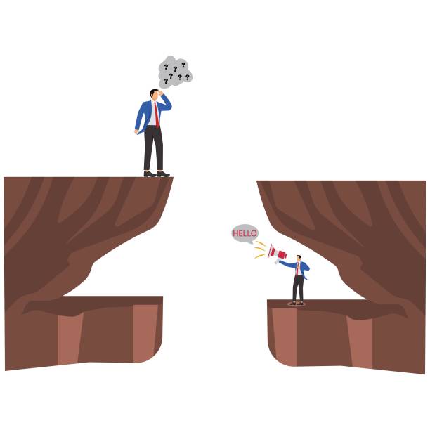 illustrations, cliparts, dessins animés et icônes de two businessmen stand at the edge of the cliff and have communication problems - at the edge of audio